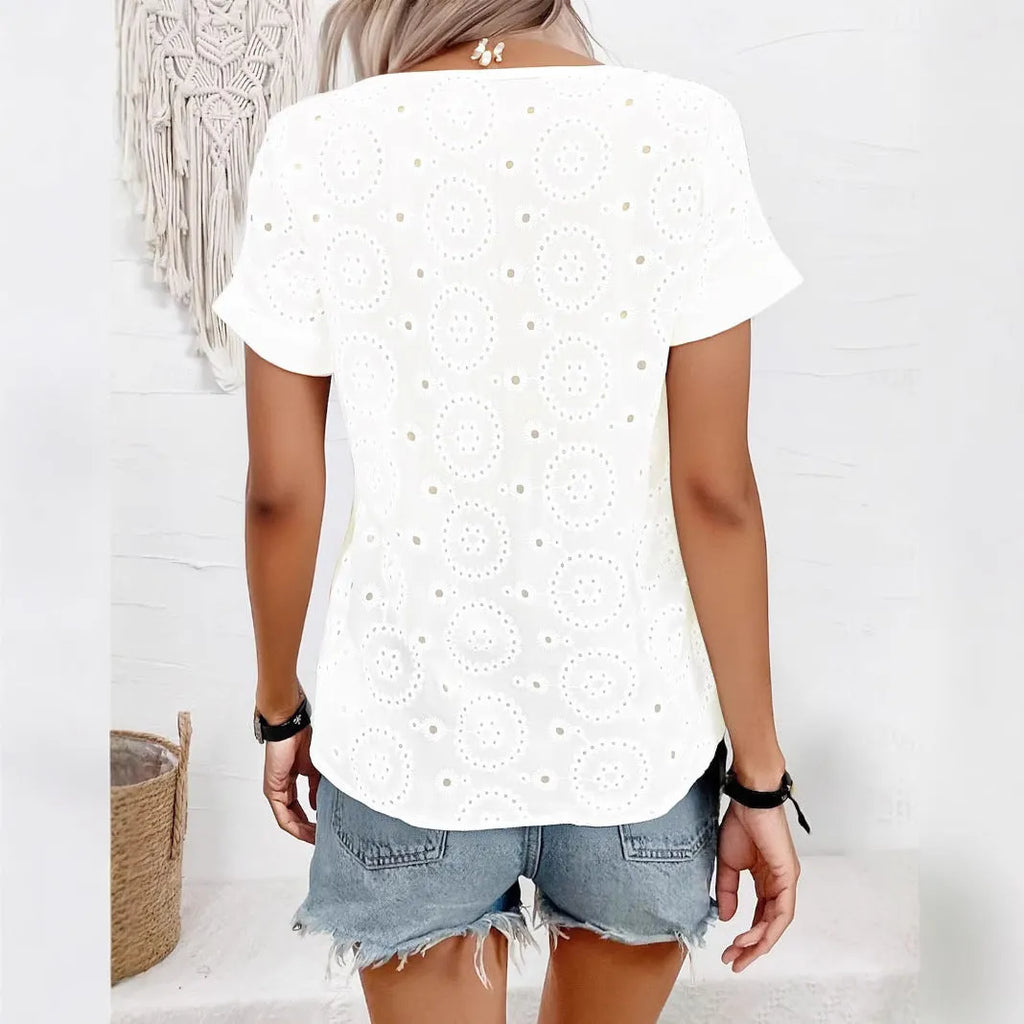 White V-neck short sleeve t-shirt with hollow-out pattern on front and sleeves, loose casual fit