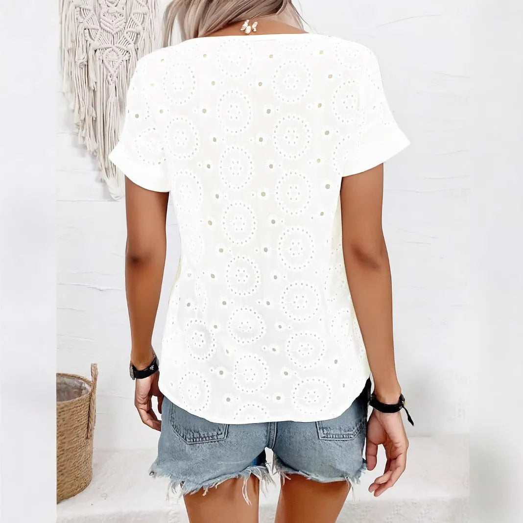 White V-neck short sleeve t-shirt with hollow-out pattern on front and sleeves, loose casual fit