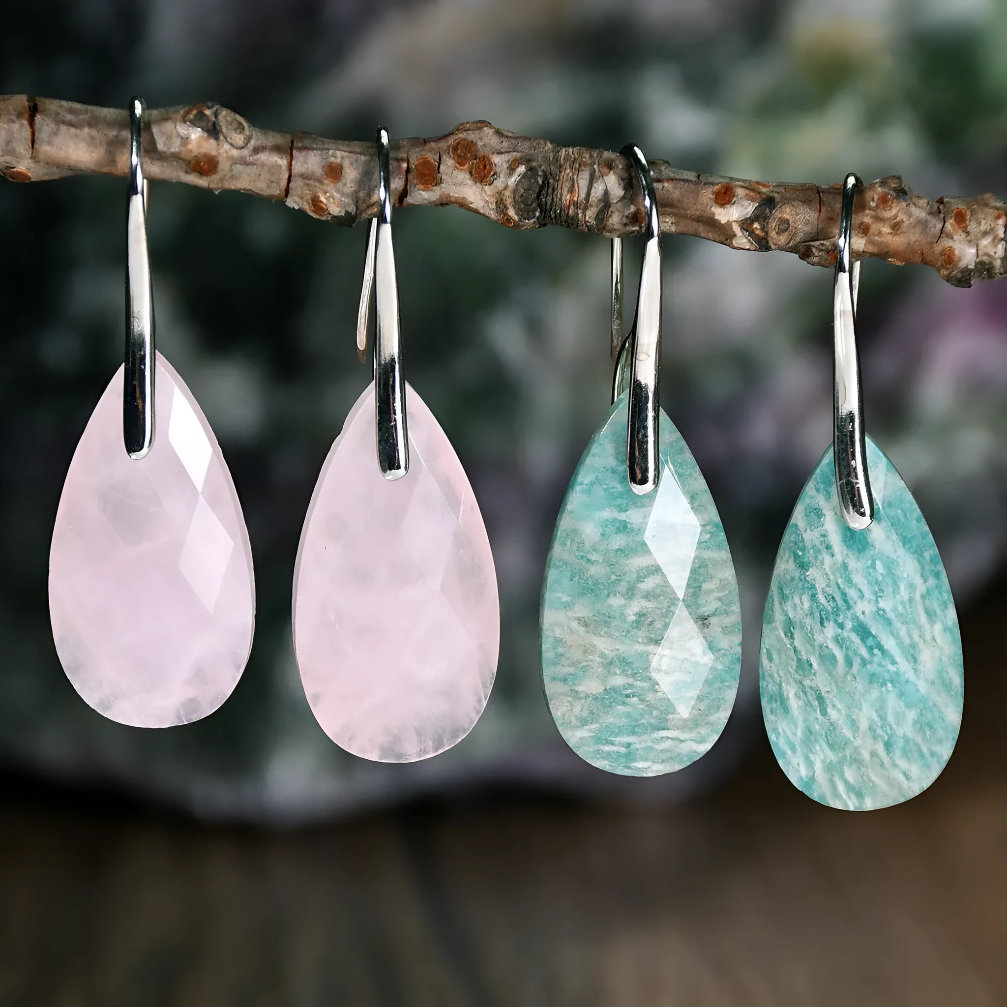 Drop shape earrings for women, pink crystal and green Dongling copper, electroplated finish, Amazonite and pink crystal colour options