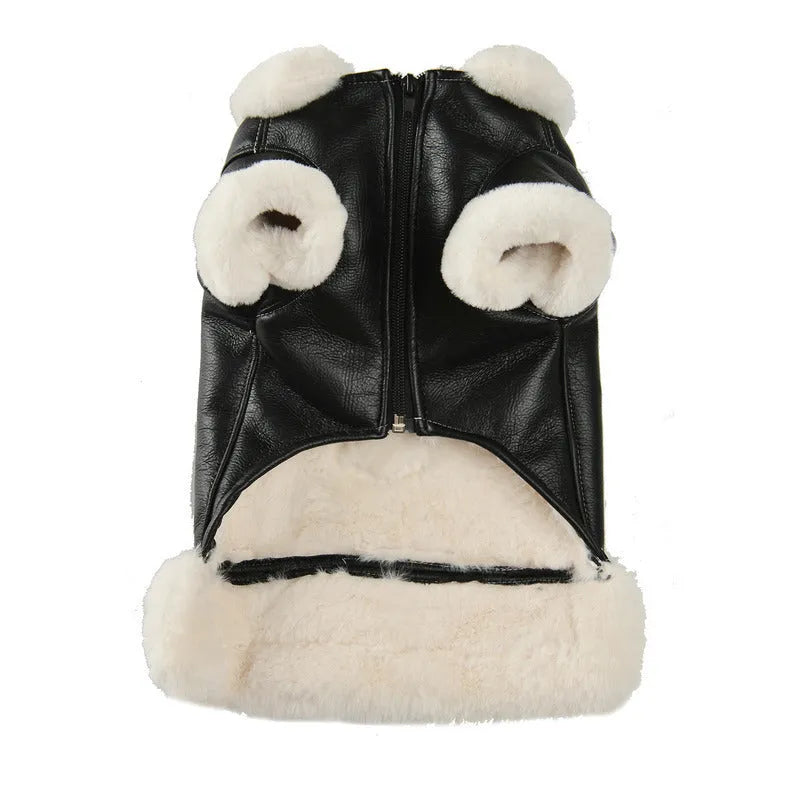 Leather dog jacket for autumn winter pet clothing in black brown or vest styles