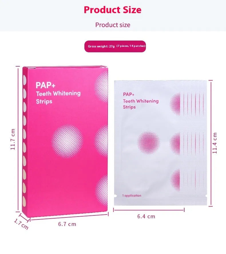 Box of teeth whitening patches with activated carbon and PAP in black packaging showing 7 pairs of stickers