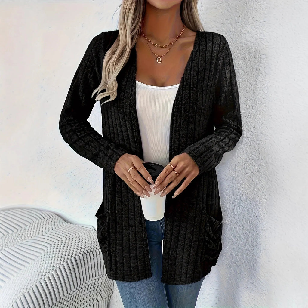 Solid colour long sleeve cardigan knitwear with front pockets in loose fit, available in black and granny grey