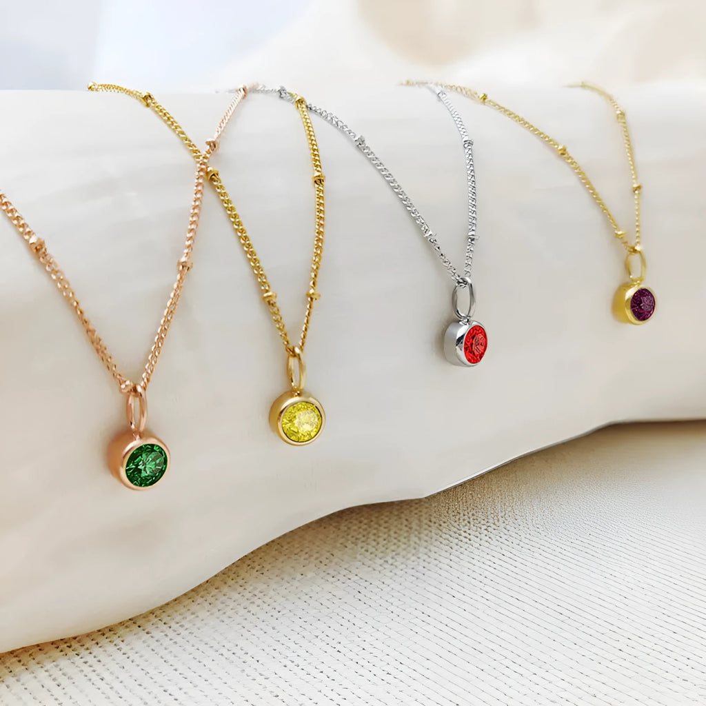 Women's round birthstone necklace on stainless steel ball bead chain, 38+5cm, shown in one of 24 colour options