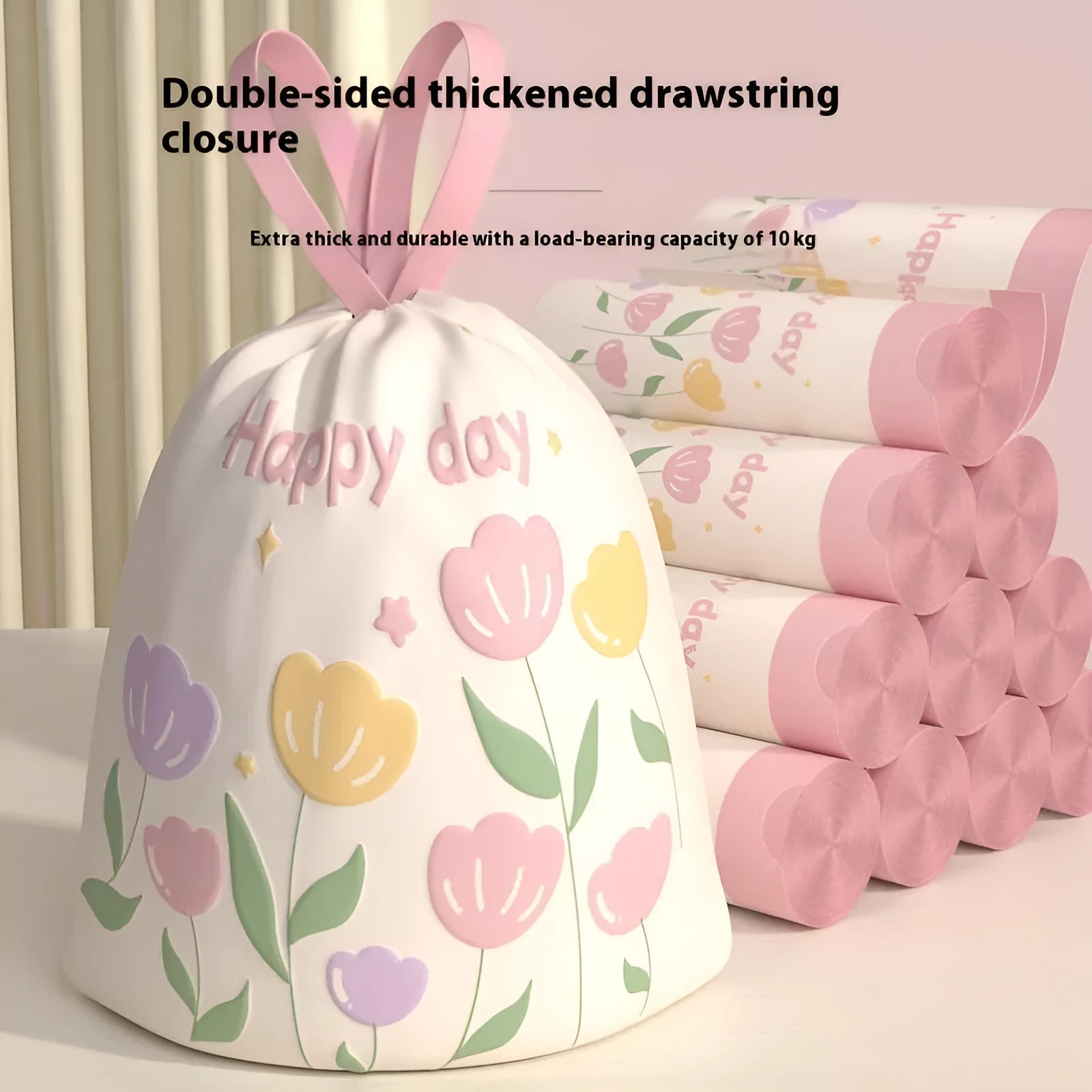 Pink drawstring garbage bag with argy wormwood, size 44cm by 48cm.