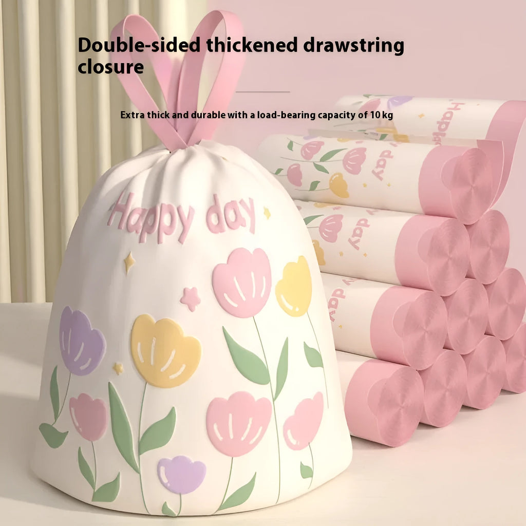 Pink degradable garbage bags with drawstring and argy wormwood mosquito repellent, size 44cm by 48cm.