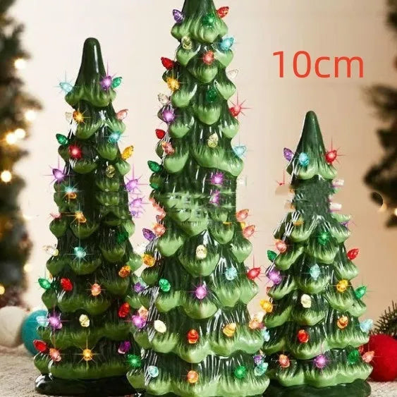 A European-style resin Christmas tree ornament with integrated coloured or warm LED lights, shown in 20cm, 25cm, and 30cm sizes.