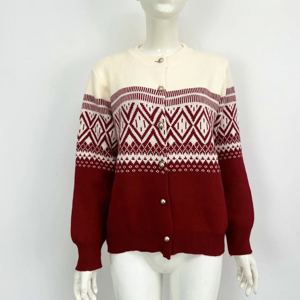 Grey women's alpaca wool cardigan with diamond knit pattern and contrast colour long sleeves.
