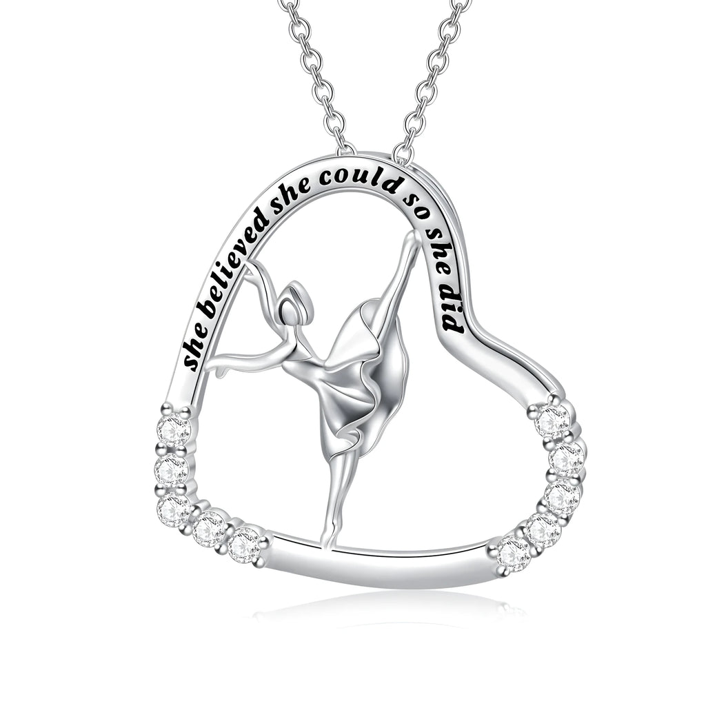 925 sterling silver heart ballerina dancer pendant necklace with cubic zirconia stone on white background