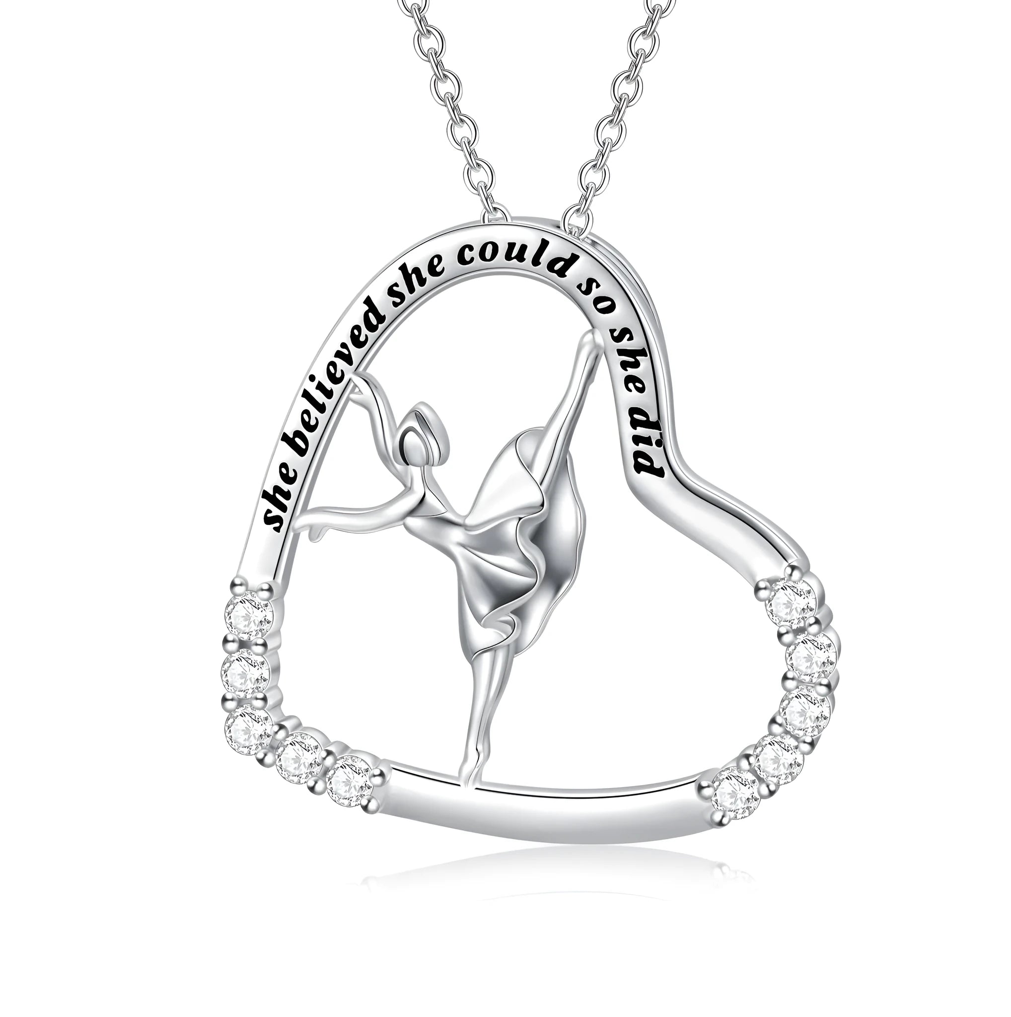 925 sterling silver heart ballerina dancer pendant necklace with cubic zirconia stone on white background