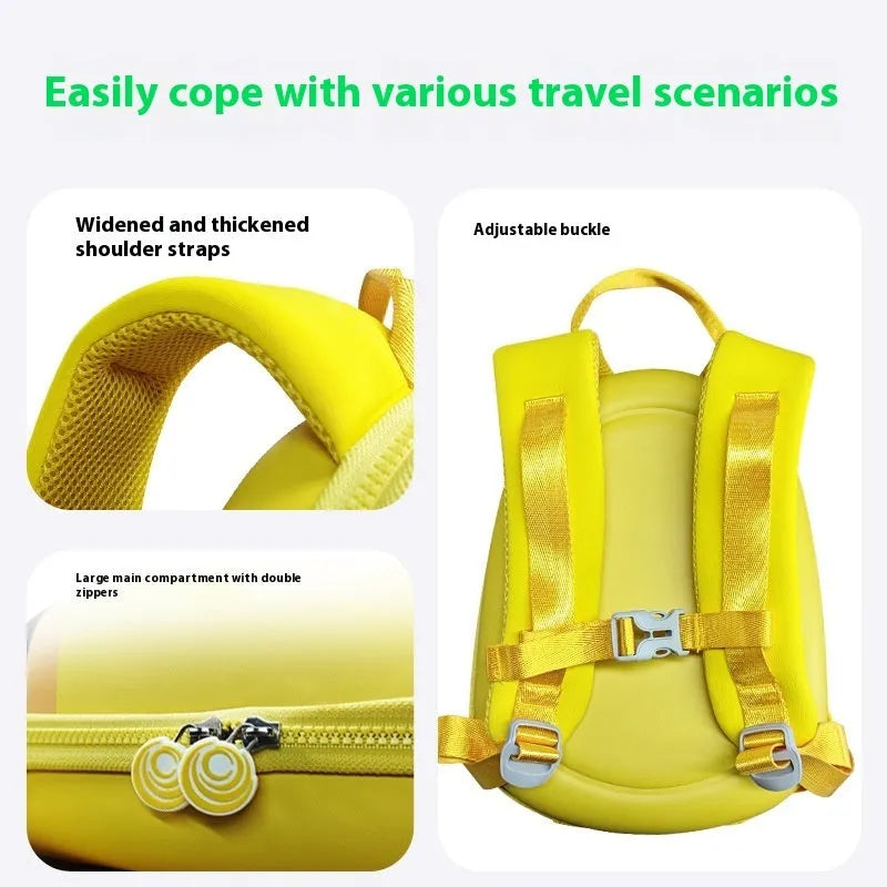 Yellow kids backpack with cartoon animation and eye animation design, EVA waterproof material, 23x12x30cm