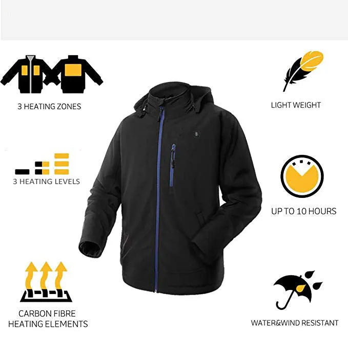 Black USB heated winter waterproof coat for men with zipper pockets and long sleeves