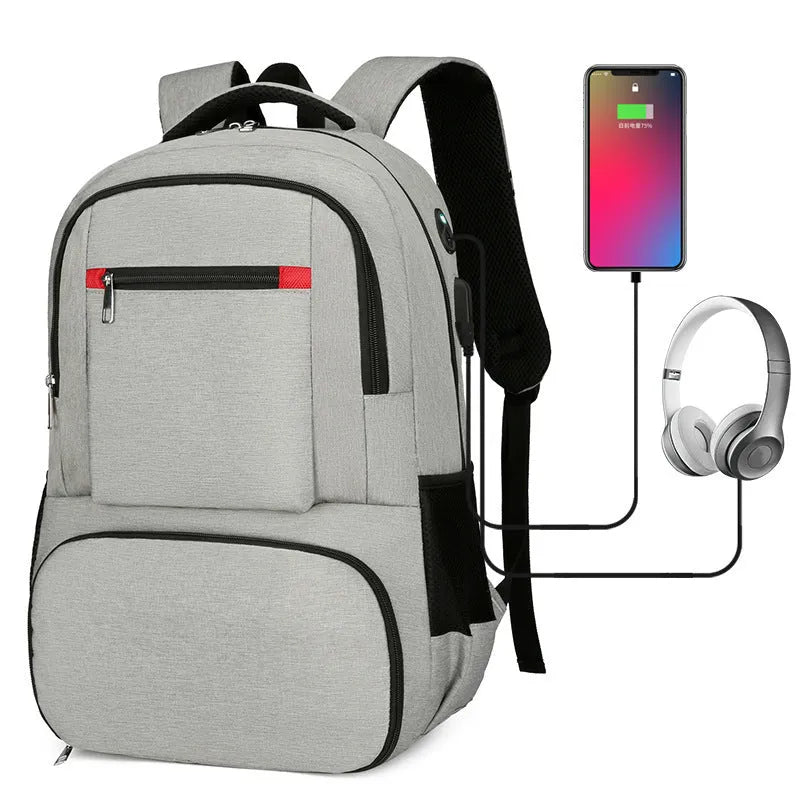 Light grey insulated Oxford cloth backpack with curved shoulder straps and dry wet separation compartments