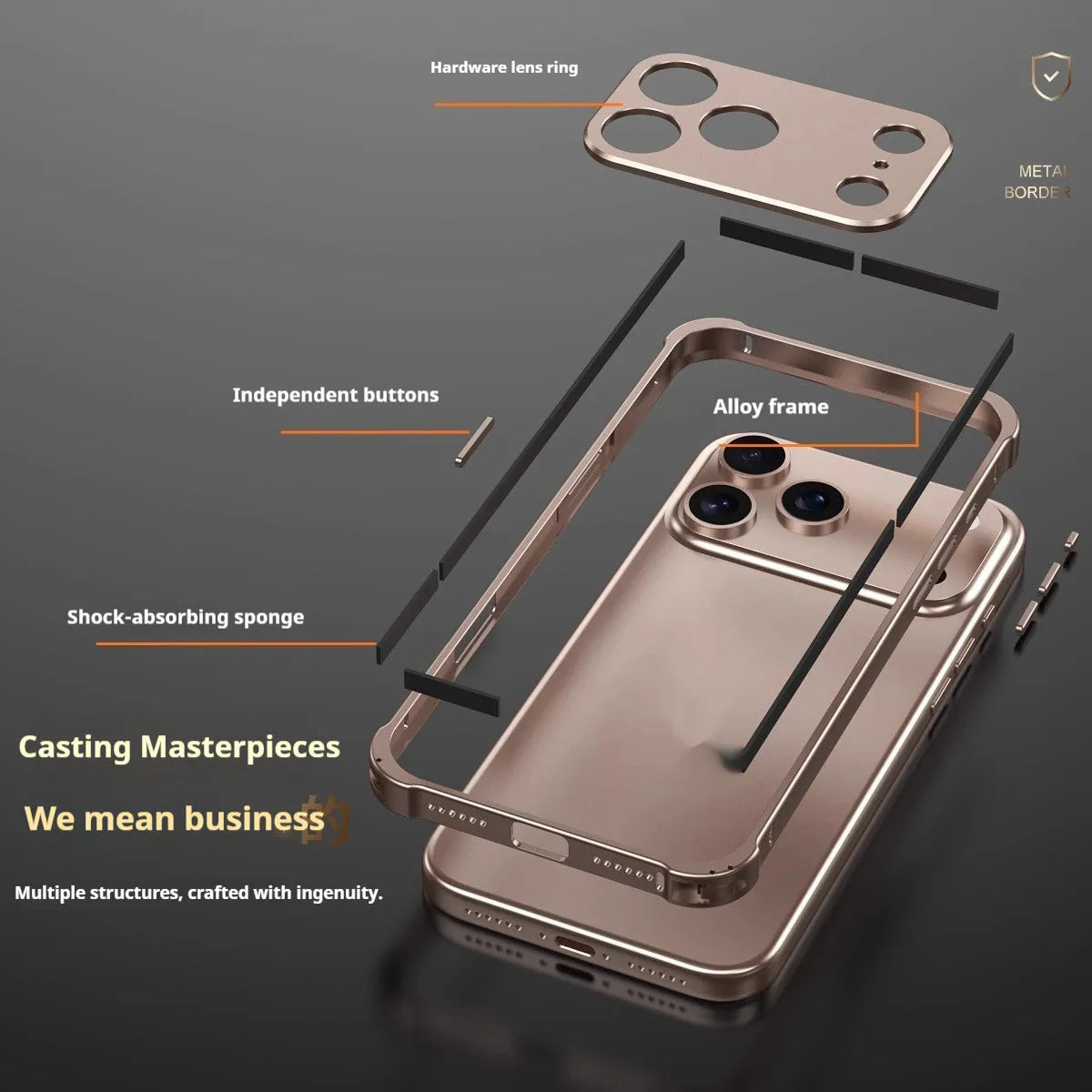 iPhone 17 alloy mobile phone case with metal corner frame and seahorse buckle in frosted finish