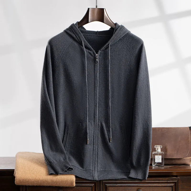 Men's cashmere zip-up knit cardigan jacket in Elegant Camel, loose fit, hooded, front view