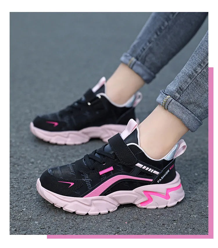 Waterproof leather girls casual sneaker with Velcro fastening, pink upper, and non-slip MD sole