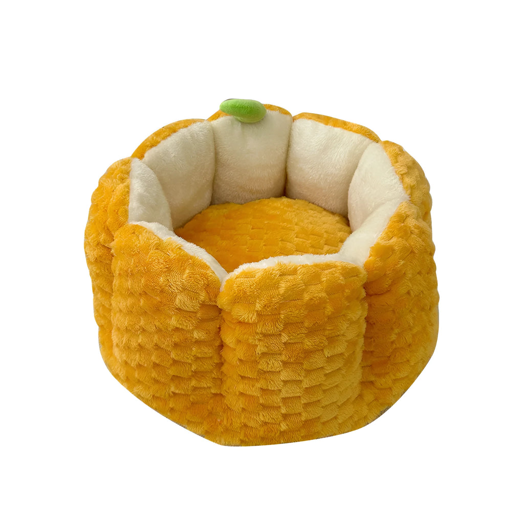 Orange pumpkin-shaped pet nest mat for cats with soft cotton filling in two sizes