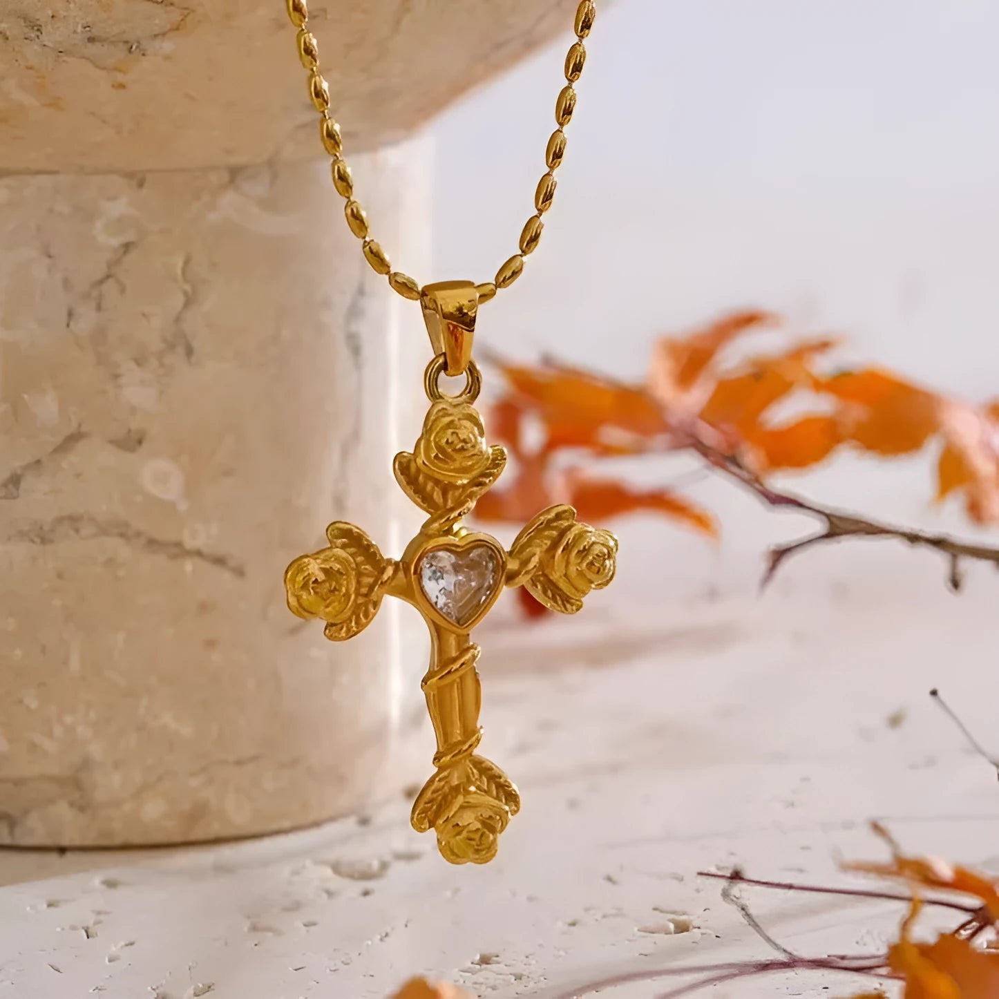 Zircon cross pendant on alloy chain necklace for women in European American style