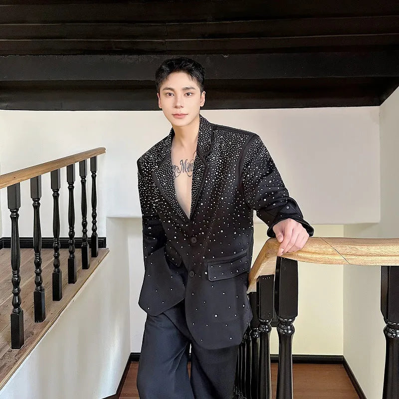 Men's hot drilling casual suit jacket in black chenille fabric with princess sleeves and loose fit