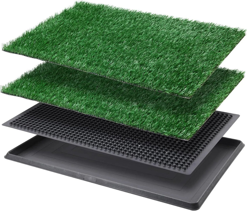 Particle dog toilet with emulational lawn showing three sizes small 40.6x51cm medium 51x64cm large 51x76cm