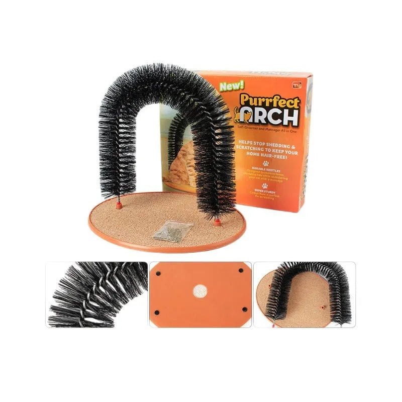 A white arched cat grooming toy with integrated brush bristles for scratching and self-grooming.
