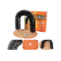 A white arched cat grooming toy with integrated brush bristles for scratching and self-grooming.