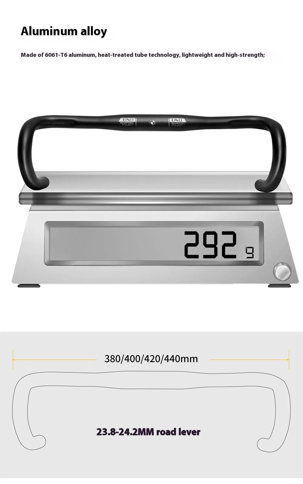 Black aluminium alloy road bike bent handlebar showing its curved shape and clamp area