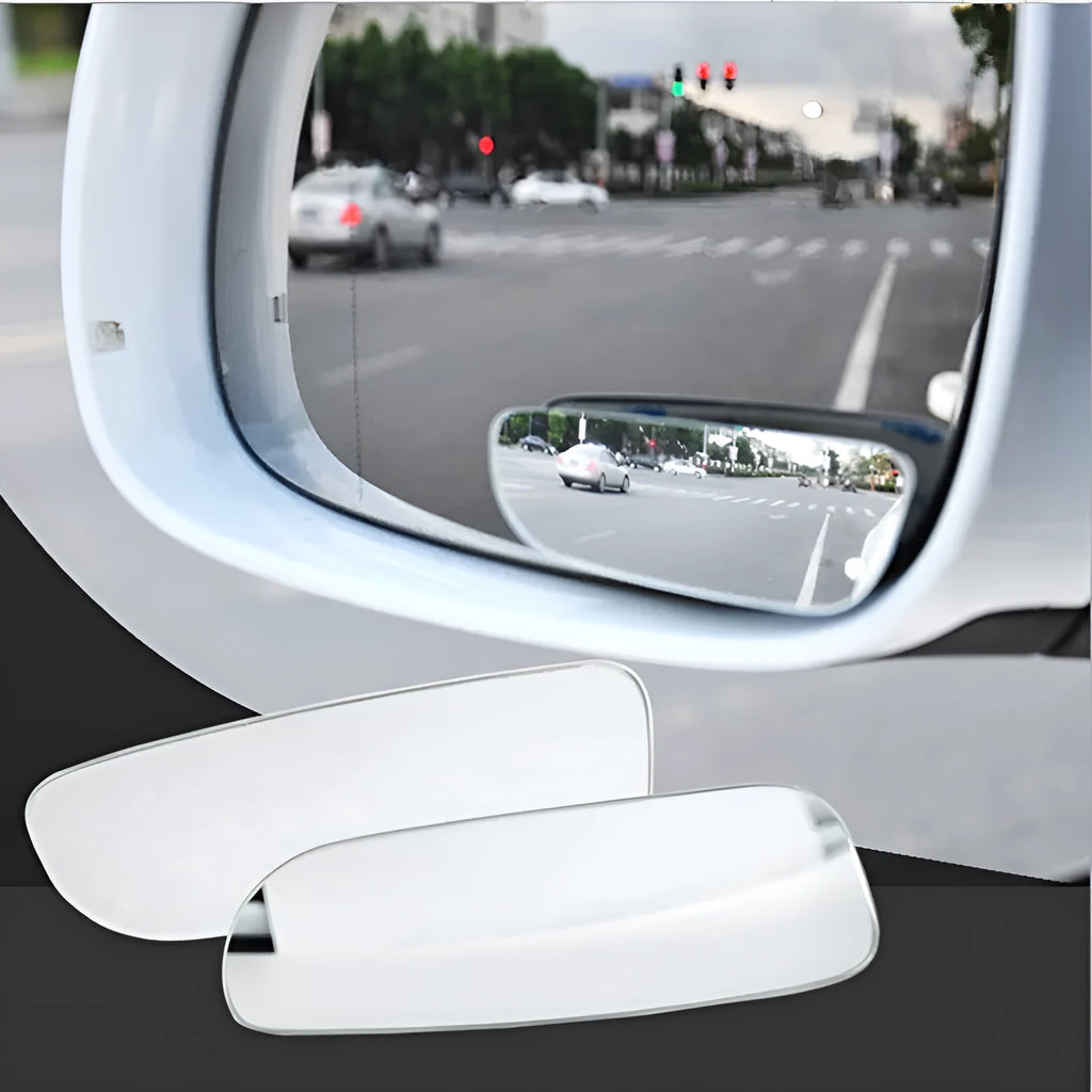 Glass adjustable rearview mirror accessory for vehicles showing dimensions and mounting adhesive