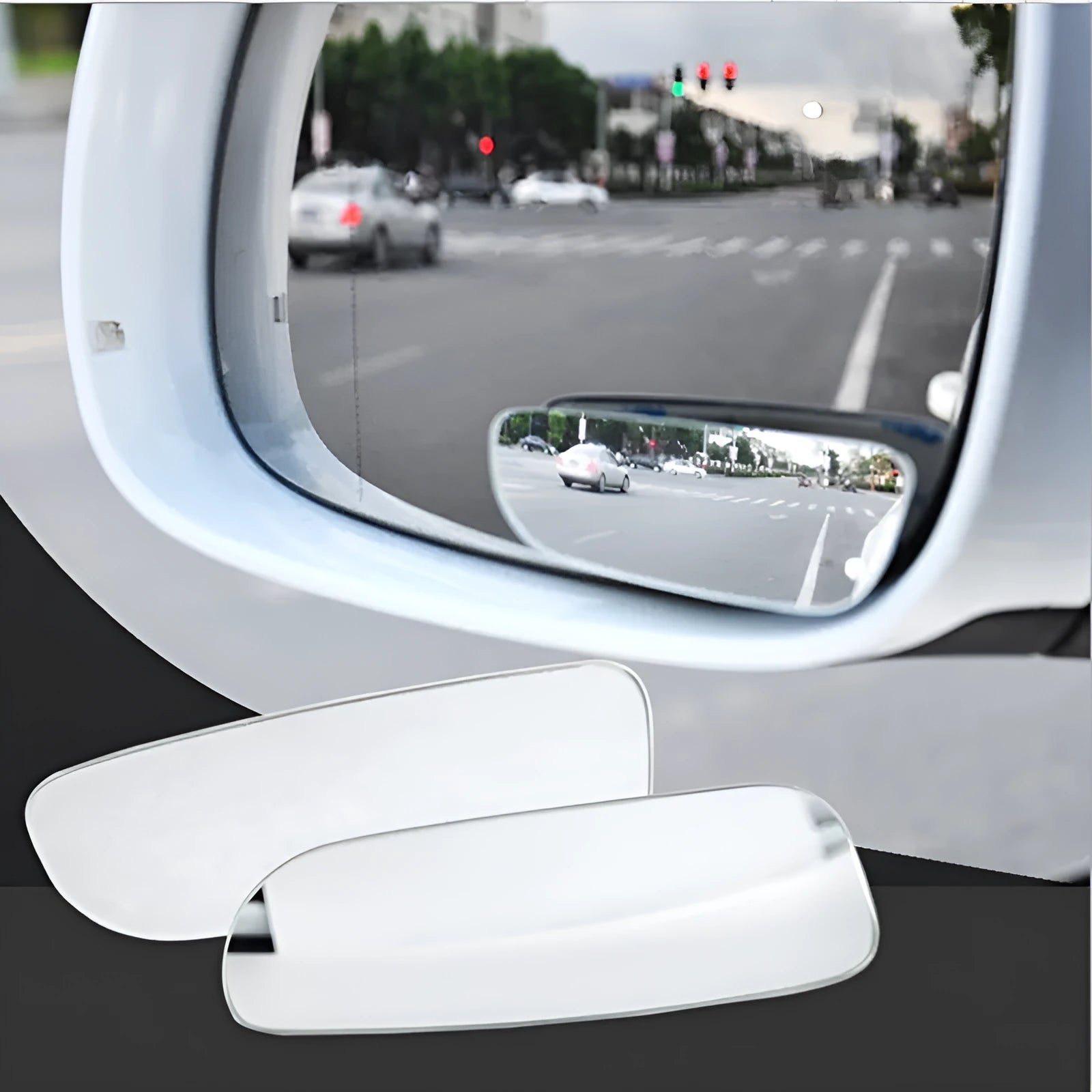 Glass adjustable rearview mirror accessory for vehicles showing dimensions and mounting adhesive