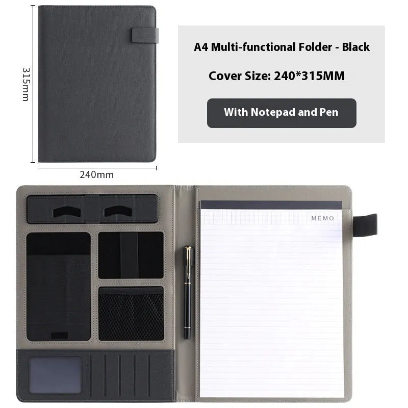 Black leather A4 business folder with notepad and pen on a desk.