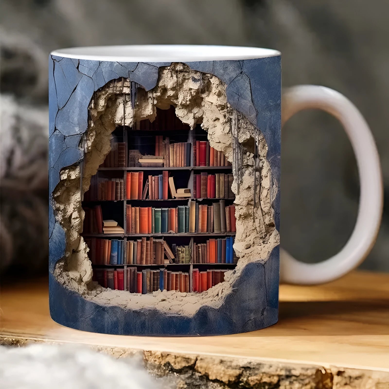 3D bookshelf ceramic mug with handle, library print, 350ml capacity, 9.8x8cm