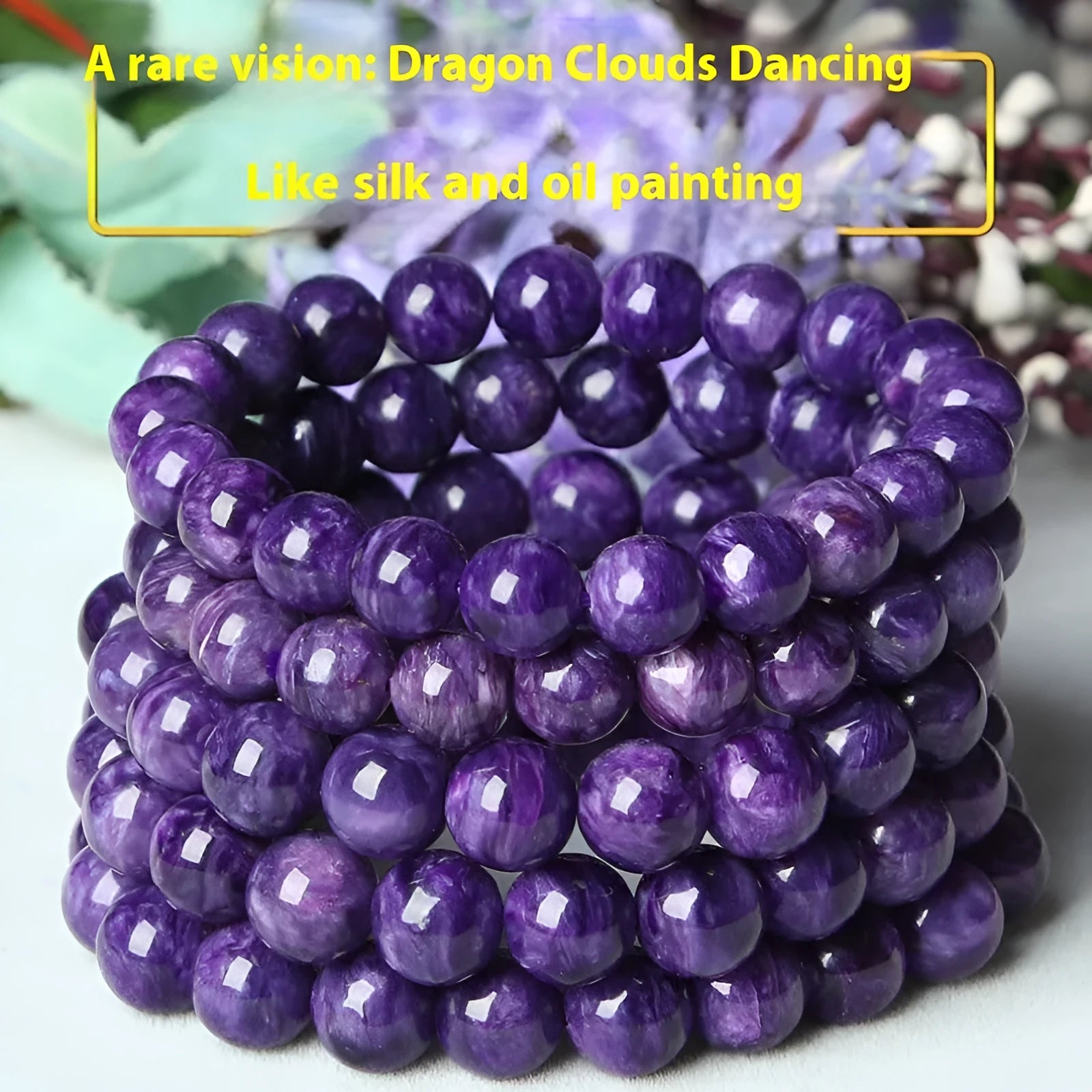 Natural transparent charoite crystal bracelet with Platinum fittings, showing different bead size options.