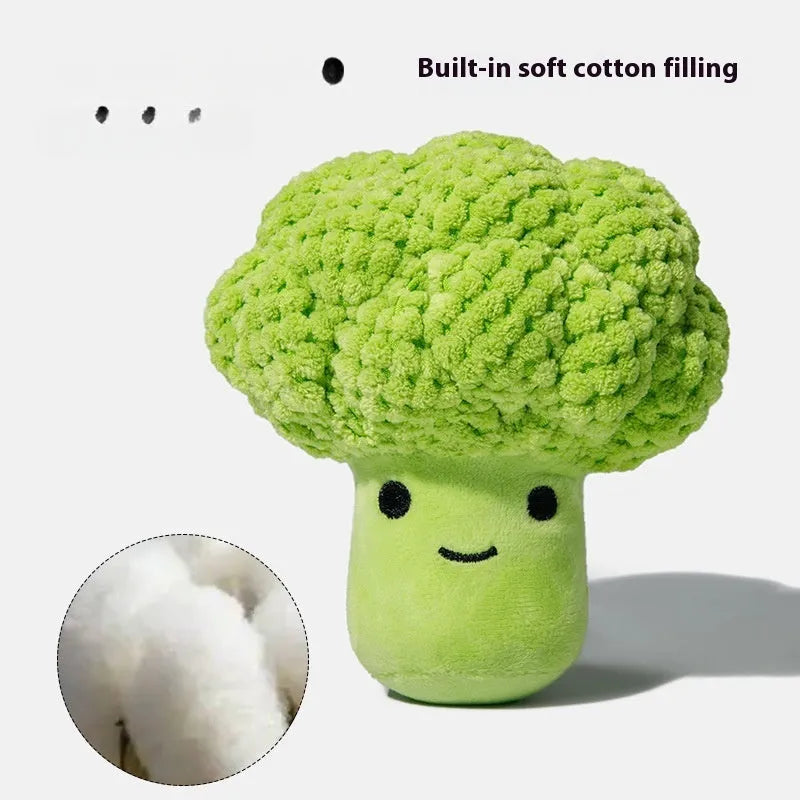 Green broccoli-shaped dog plush sound toy for molar teeth cleaning and interactive play