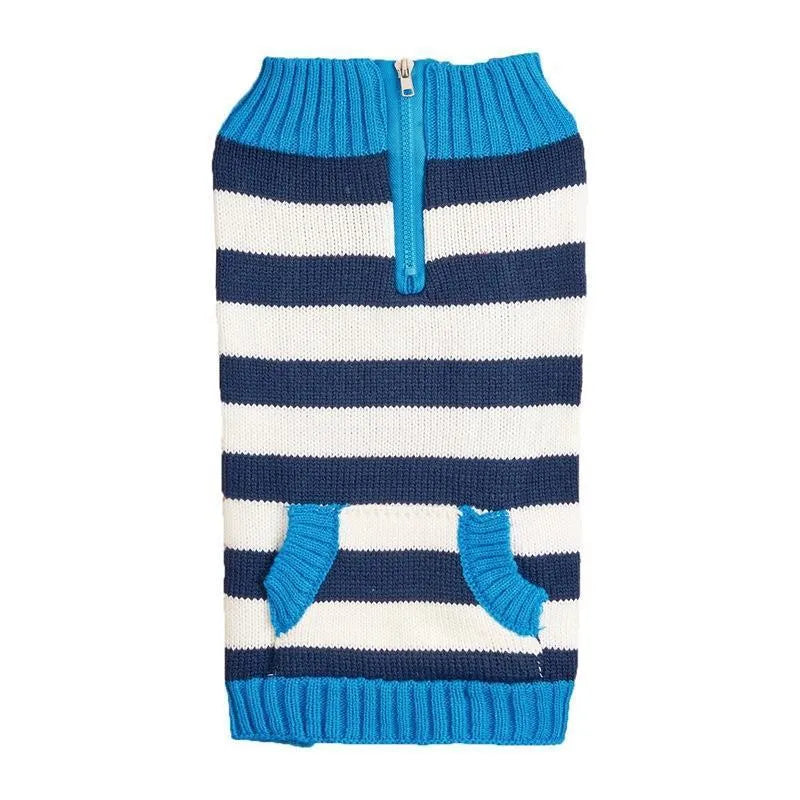 Blue dog jumper with a horizontal front zipper, a button pocket, and contrast trim on a small dog.