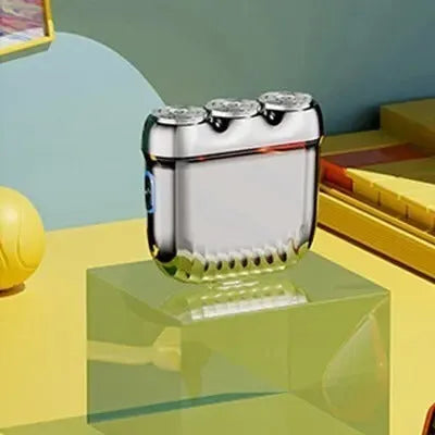 Three-head magnetic electric shaver in four colour options showing floating cutter design