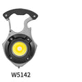 Portable multifunctional keychain flashlight with screwdriver and window breaker hammer, showing COB LED light.