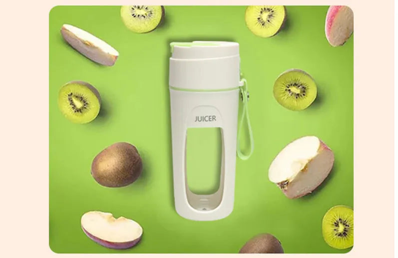 Portable electric juicer cup with USB cable in fresh orange, grass green, or light purple colour.