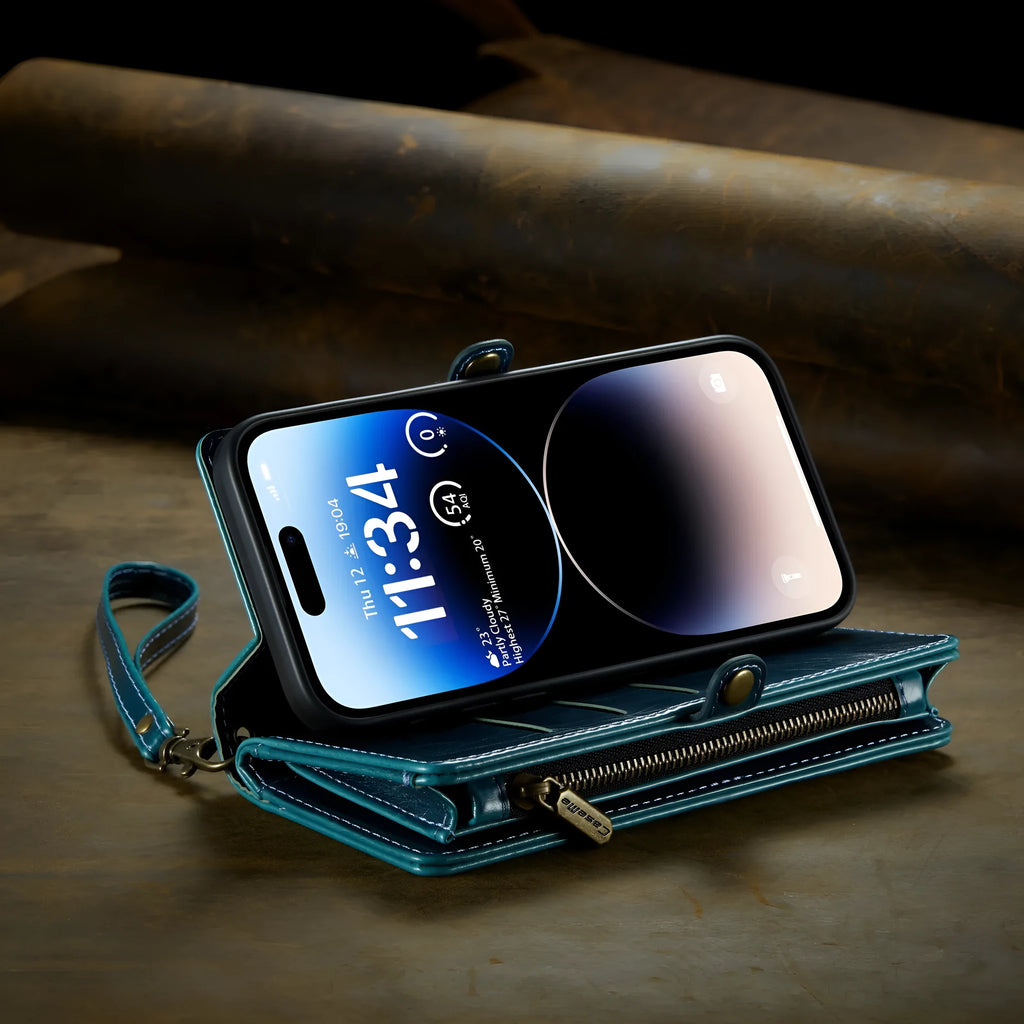 Wallet phone case with card slots, bracket, and lanyard in black, red, pink, purple, or peacock green