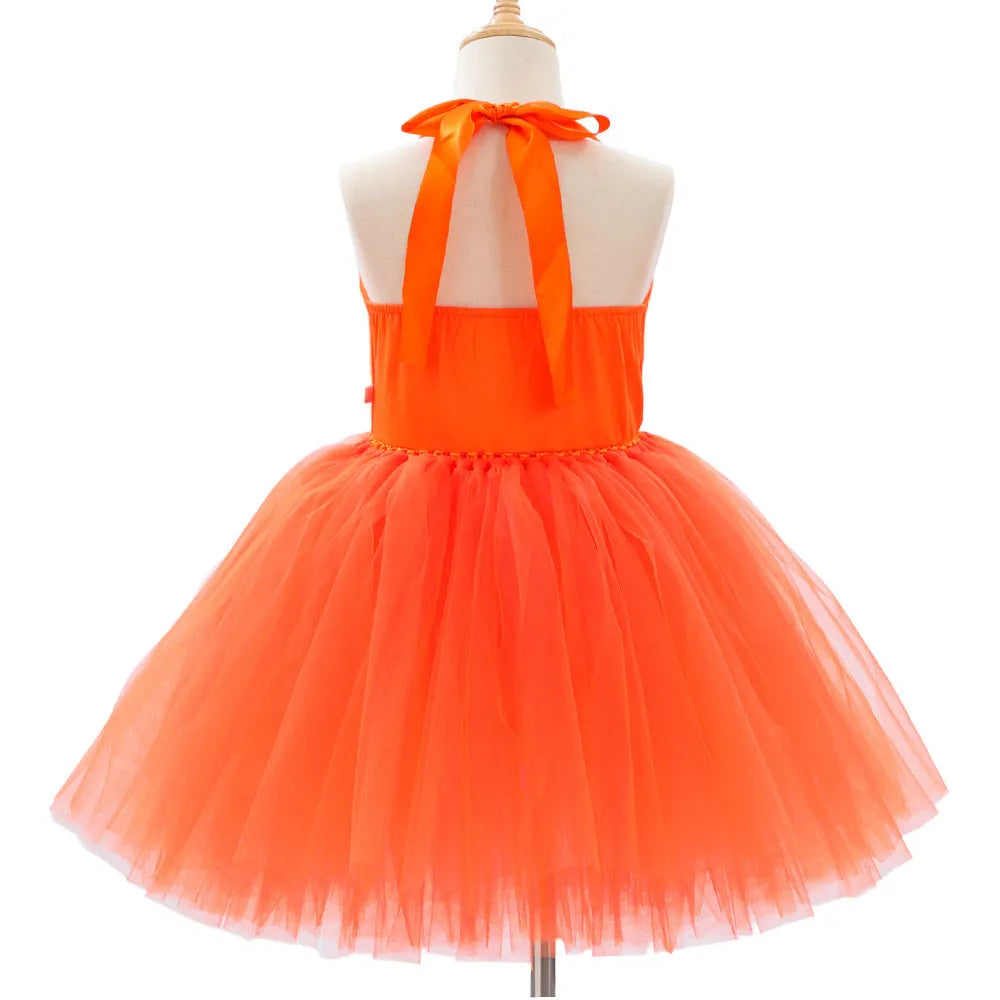 Children's creative festival Halloween cute pumpkin girl dress with mesh sling top and orange yarn skirt