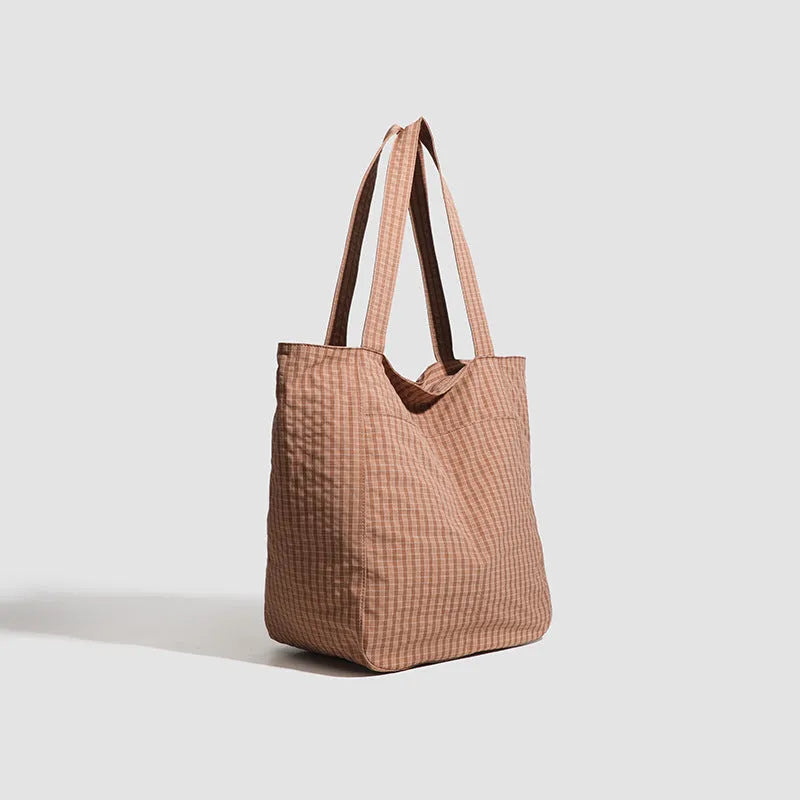 Polyester striped seersucker women's bag with horizontal square shape and three-dimensional pocket in apricot colour