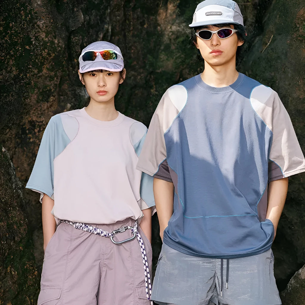Men's loose patchwork contrast colour sports T-shirt on a hanger