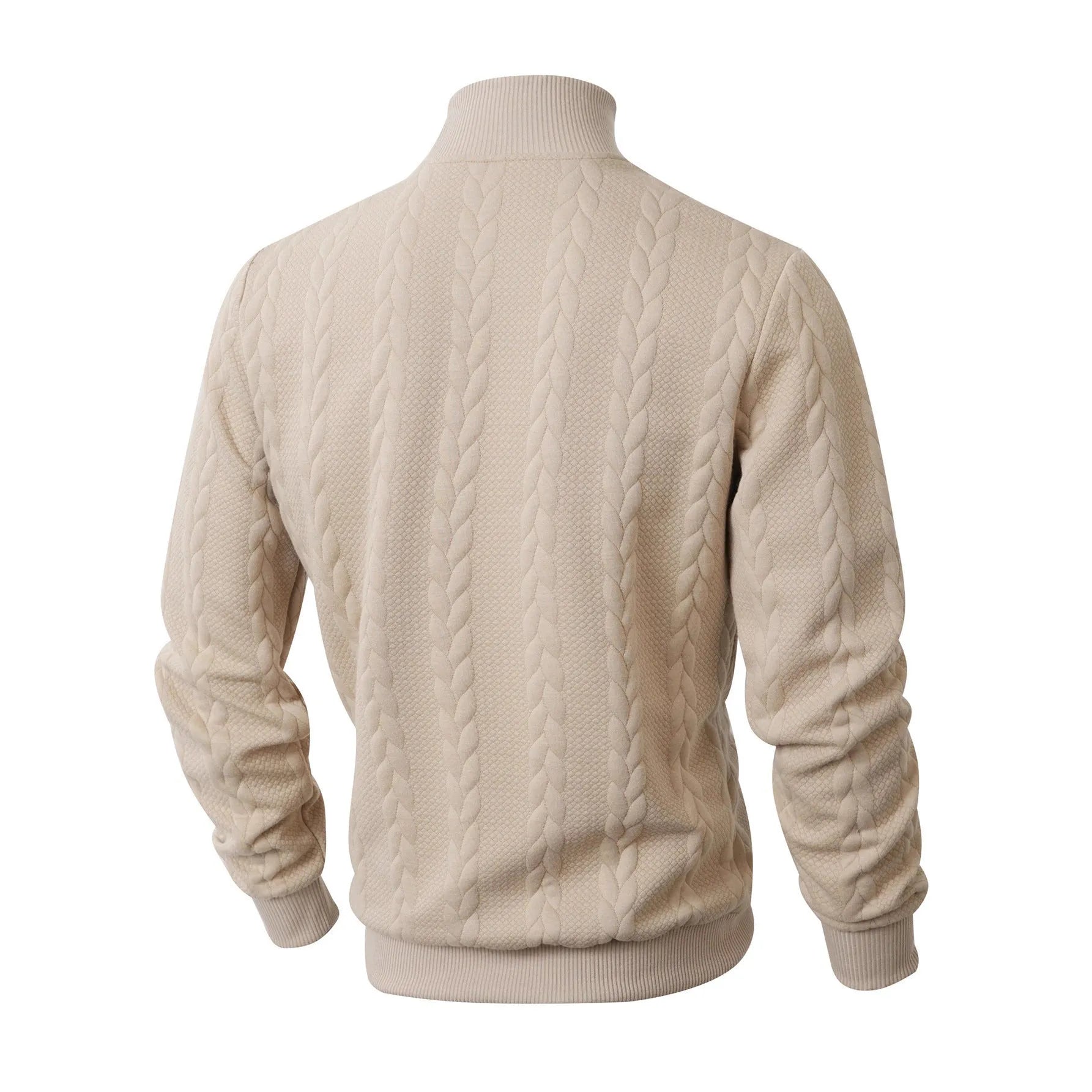 Men's knitted jacquard high collar warm sweater in khaki, thick polyester blend pullover with long sleeves