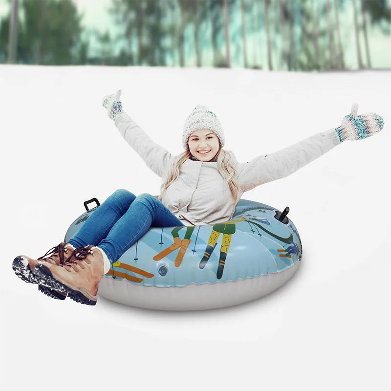 PVC winter ski ring toy in flame red, ice-snow blue, or snow mountain colour design for outdoor snow play.