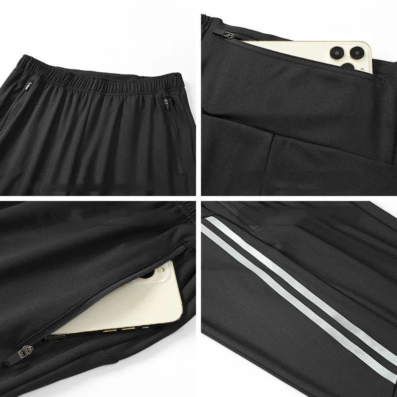 Men's black polyester running trousers with mid waist fit and full-length legs