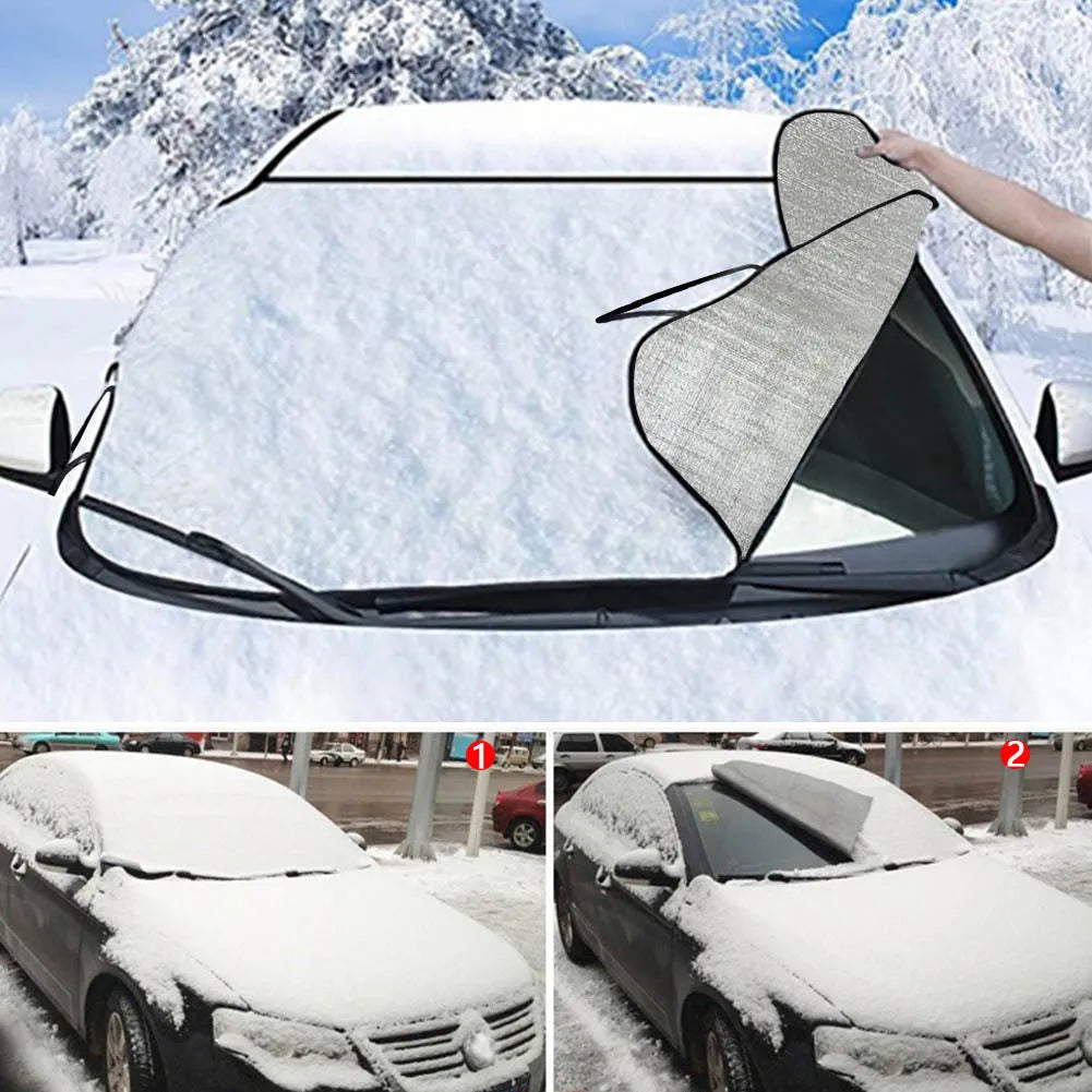 Car front gear sunshade made of aluminium film and polyester fabric with installation lanyard