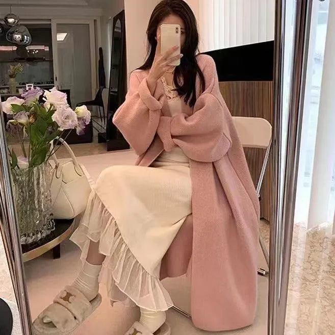 Women's loose fit knitted cardigan coat in solid colour with long sleeves and splicing detail, acrylic fibre, free size