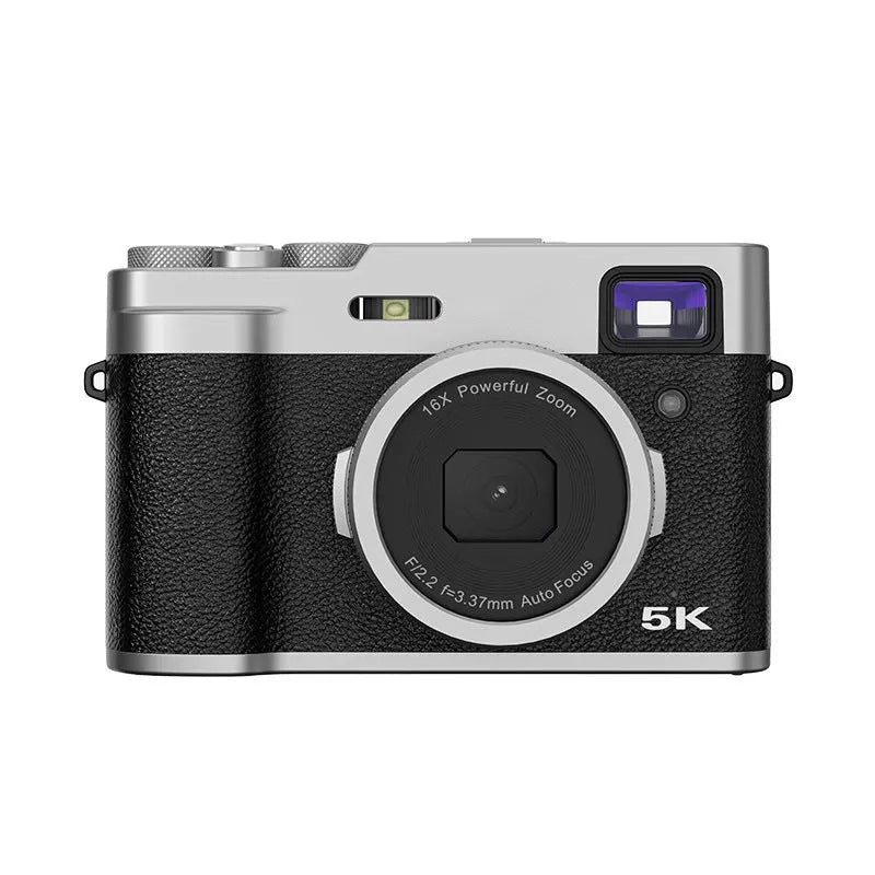 Black 5K digital camera with dual lenses and optical viewfinder on display screen