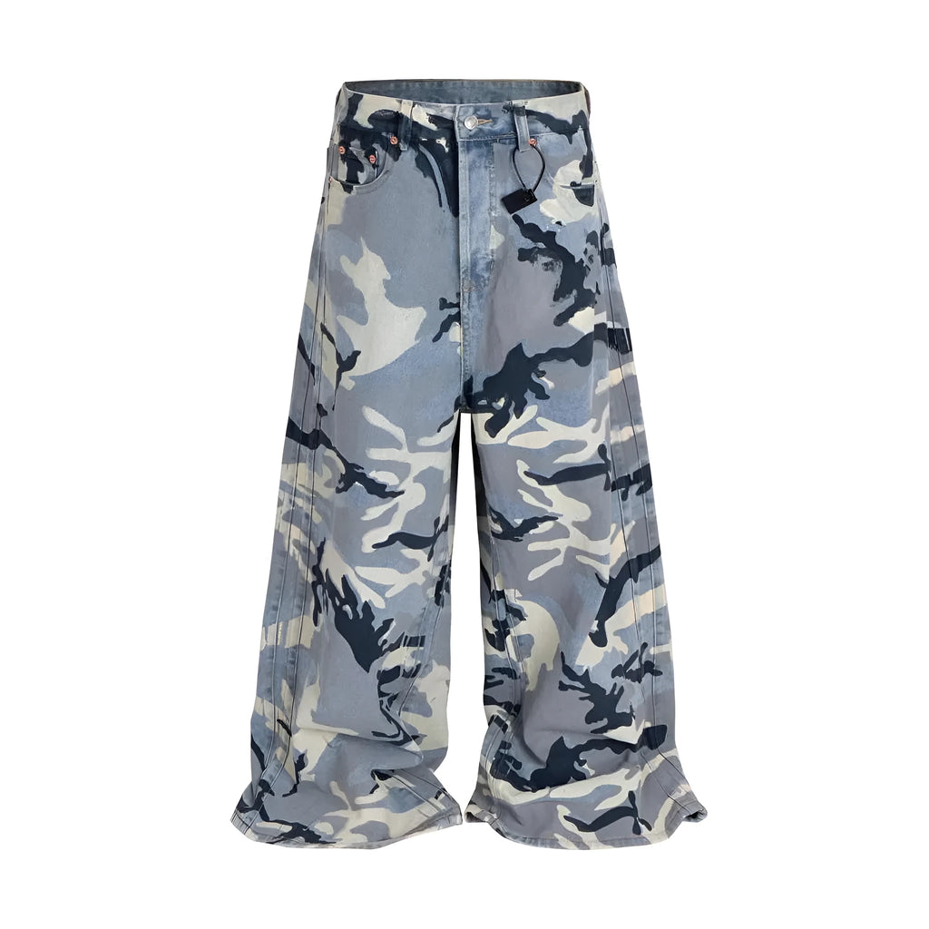 Snow camouflage blue loose-fit jeans with a mid waist on a neutral background.