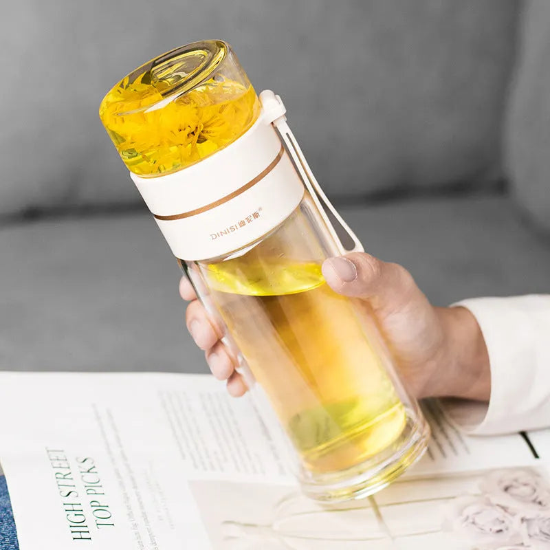 Double wall glass water bottle with tea infuser filter in green 400ml, portable rope attached