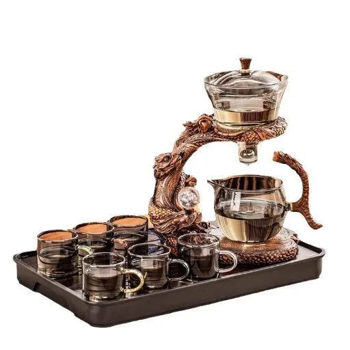 Dragon Year lazy glass automatic tea set in green gray walnut with bowl, base, and fair cup