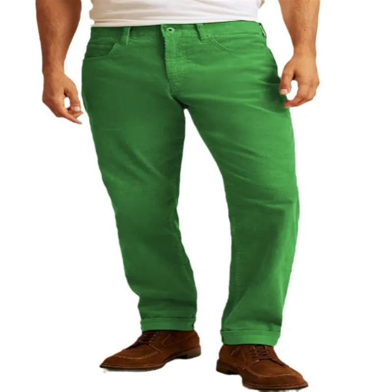 Corduroy straight leg casual trousers in army green colour showing loose fit and mid waist design